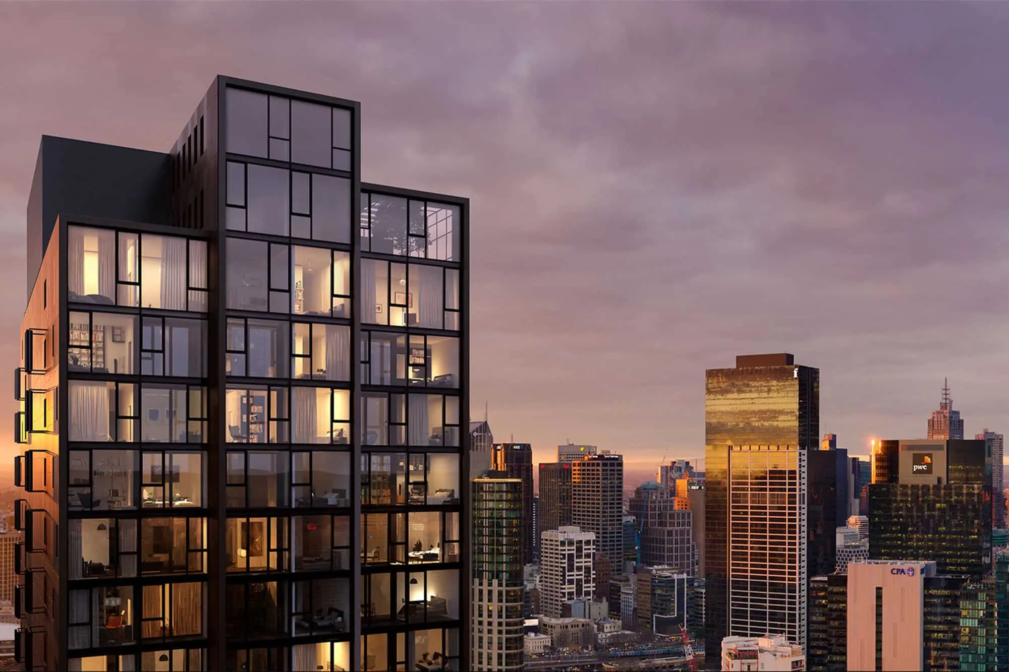 Palladium Tower的現代奢華公寓，夕陽下的墨爾本天際線