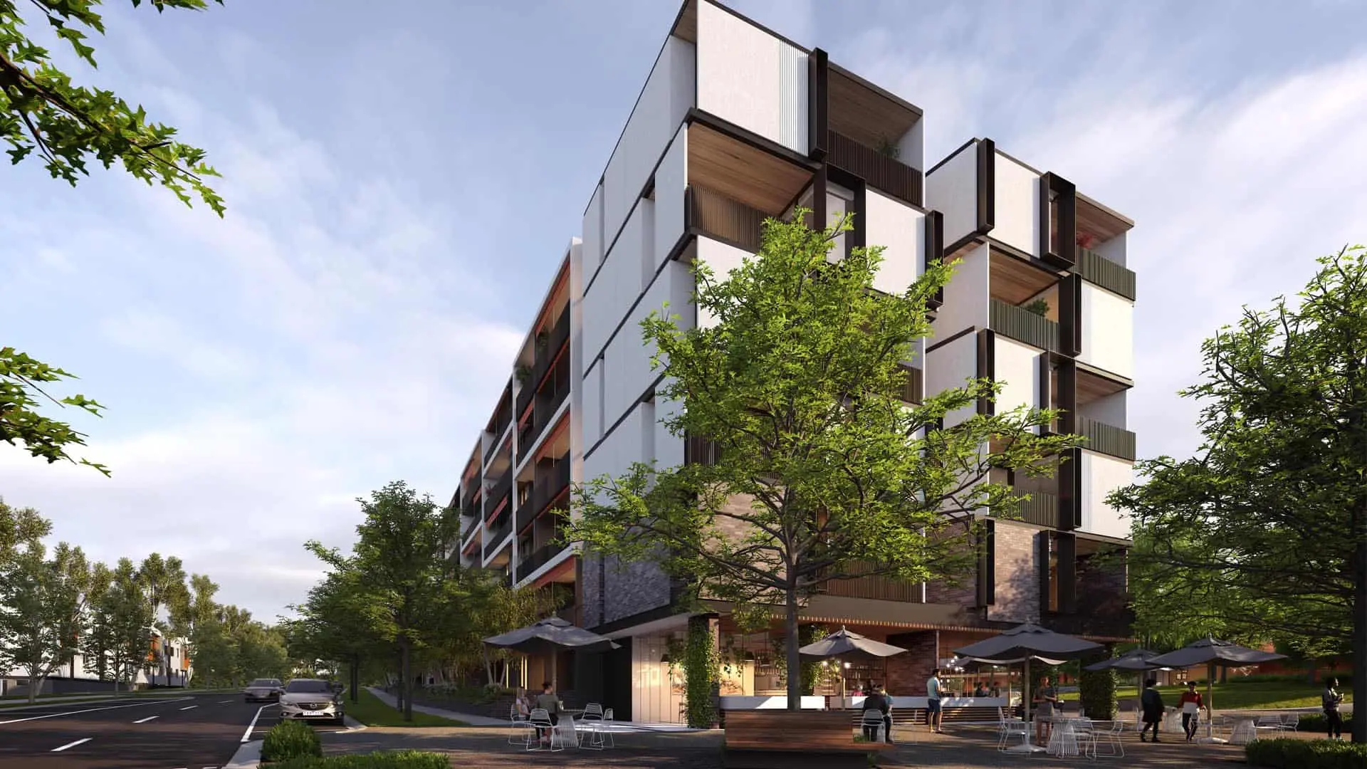 現代多層公寓大樓，附有戶外座位和綠化設施，位於Burwood Brickworks。