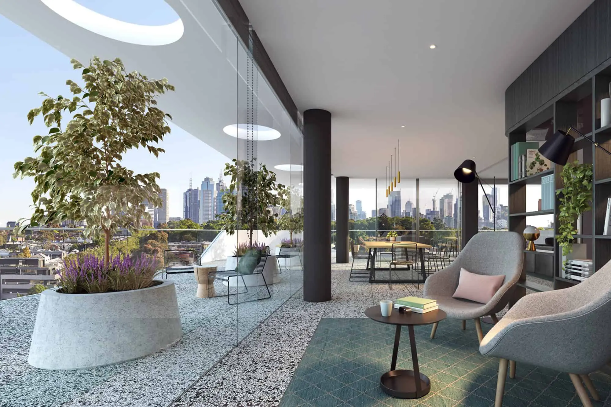 現代 Rooftop 沙龍， CITY 俯瞰景觀，時尚家具及綠化設施，位於 Encompass Carlton。