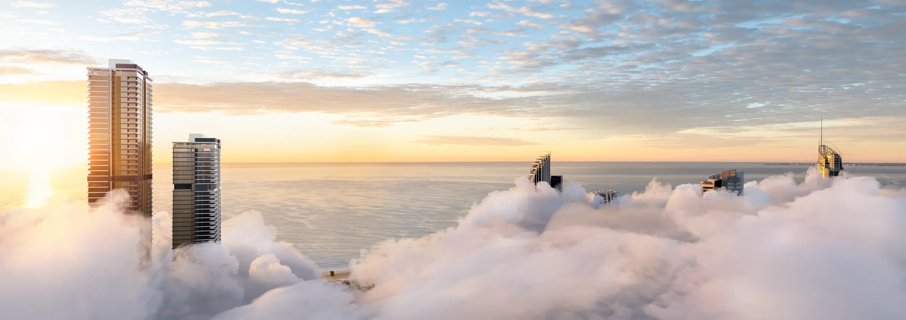 現代高樓聳立於雲海之上的全景鳥瞰景觀，俯瞰著平靜的海洋與金色的地平線。