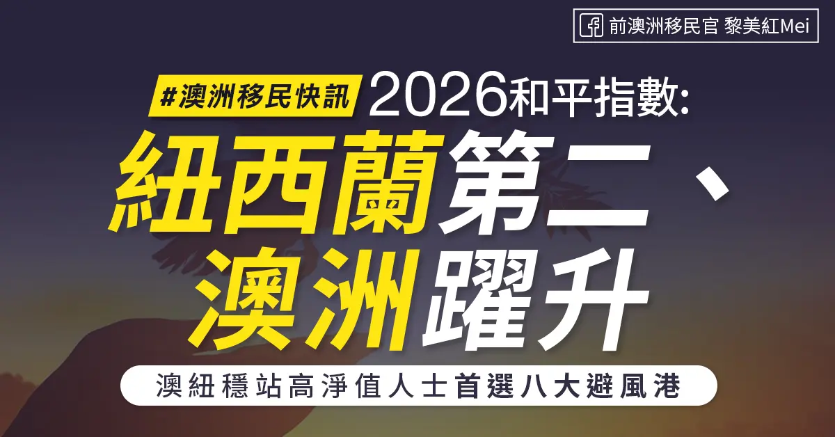 【澳洲移民快訊】2026和平指數：紐西蘭第二、澳洲躍升 澳紐穩站高淨值人士首選八大避風港